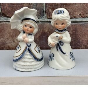 Vintage Jasco Bells Girls Women Set of 2‎  White Blue Porcelain Royal Majestic